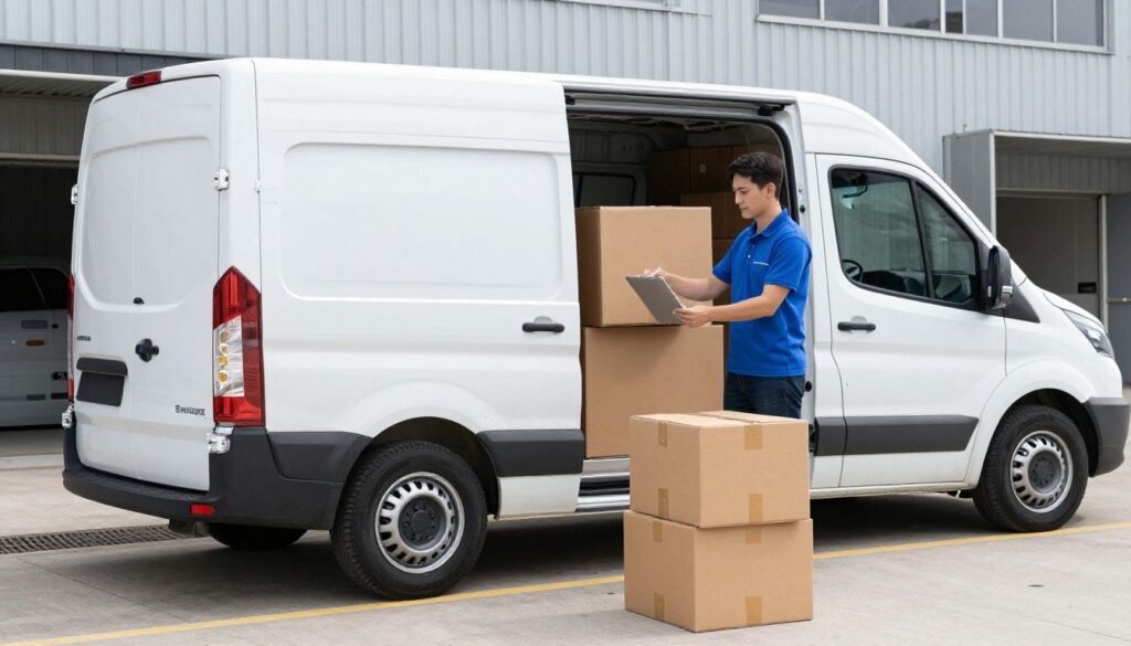 A professional logistics manager coordinating an urgent same day courier shipment with a specialized cargo van waiting at a warehouse loading dock.