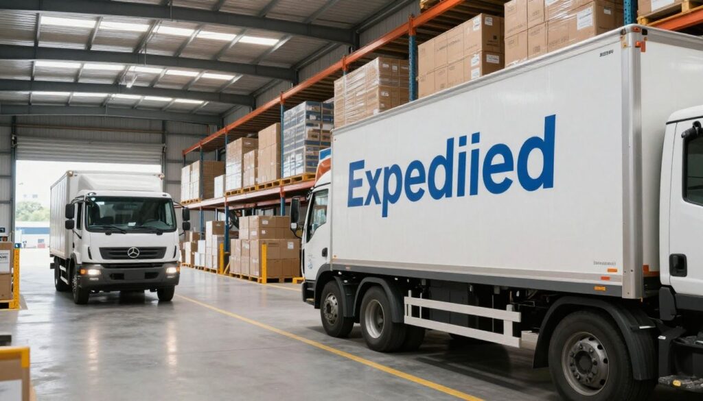 A professional view of a modern industrial warehouse loading area featuring a waiting delivery truck during the day, representing fast and reliable expedited shipping coordination.