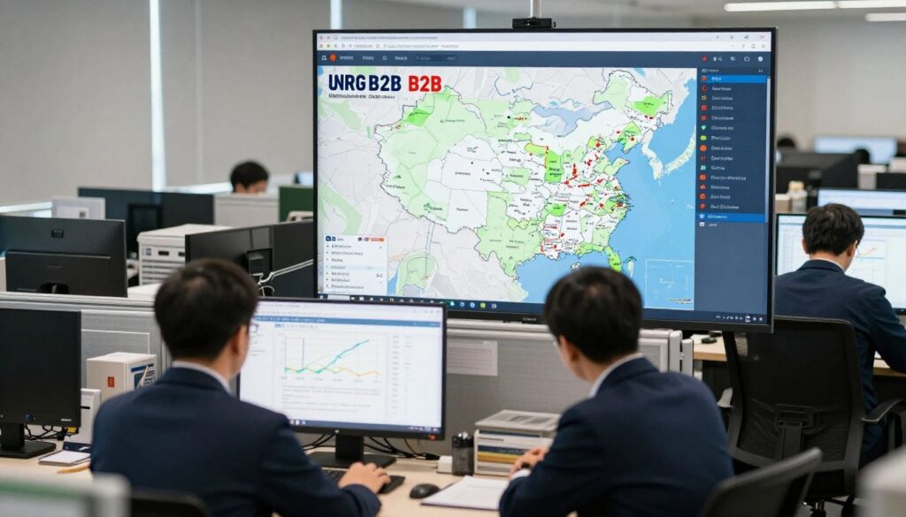 A professional logistics coordinate monitor in a busy, organized office environment displaying a nationwide transport map with status updates for urgent B2B freight.