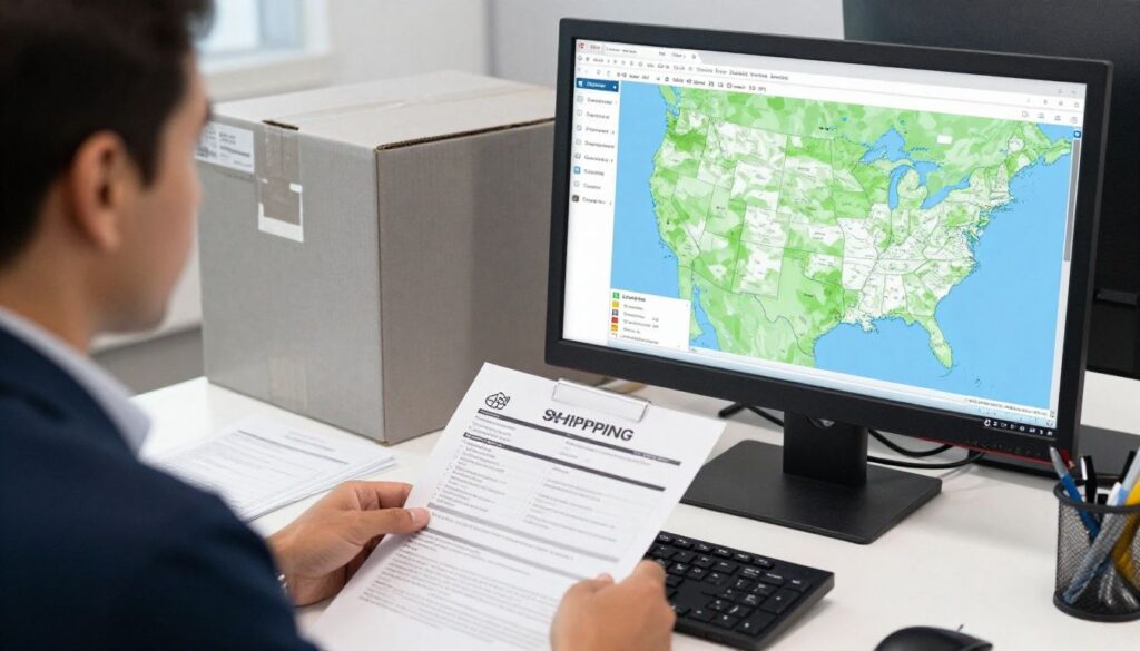 A professional logistics manager at a desk reviewing shipping documents with a computer monitor showing a map of the United States.
