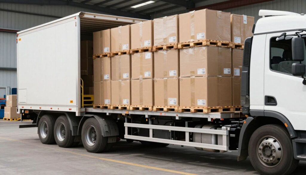 A professional warehouse setting with a cargo box truck being loaded with palletized freight, highlighting efficient and reliable expedited logistics operations.