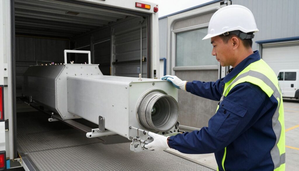 A professional white glove delivery team carefully handling a piece of high-value industrial equipment inside a loading bay area.