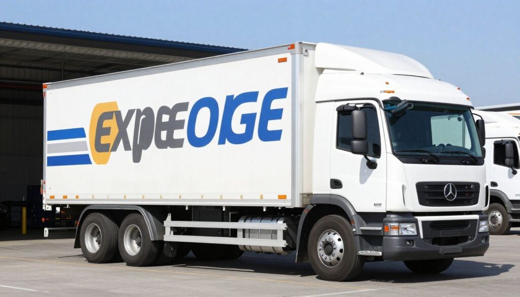 A professional image showing a commercial cargo truck at a distribution facility, representing efficient and reliable expedited logistics services.