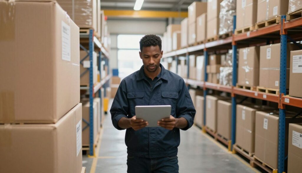 A professional logistics manager coordinating an urgent ground freight shipment in a busy, organized warehouse environment with a focus on speed and reliability.