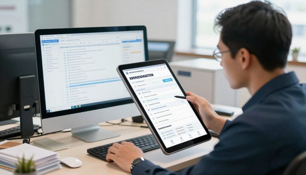 A professional freight brokerage professional coordinating time-sensitive shipments on a phone while reviewing a logistics dashboard.