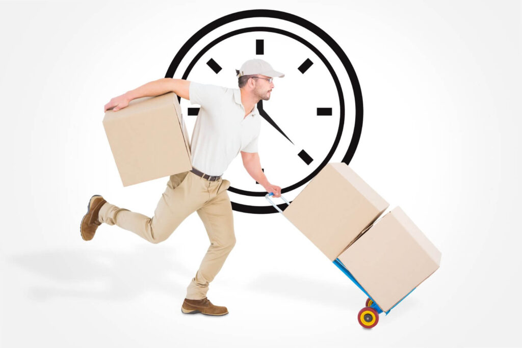 Delivery person rushing with boxes against a clock background.